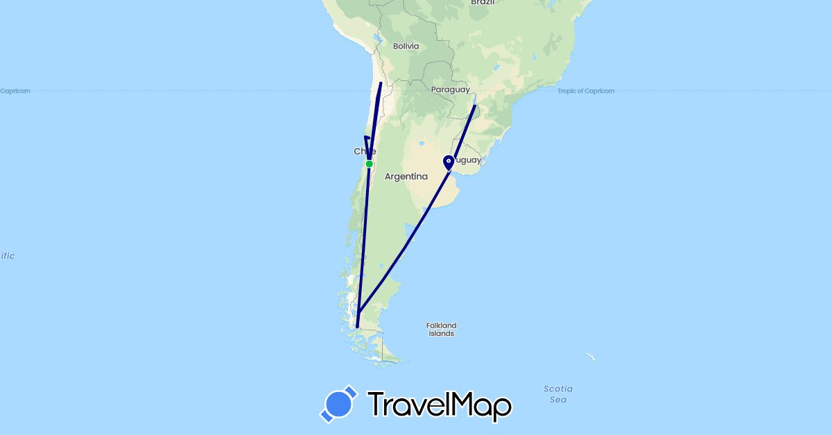 TravelMap itinerary: driving, bus in Argentina, Brazil, Chile (South America)